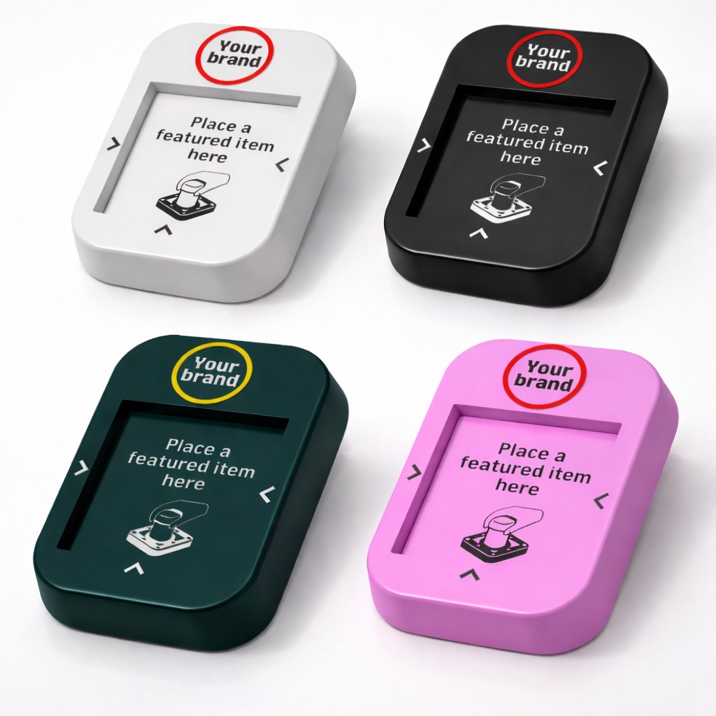 Branded NFC reader cover concept shown in multiple body-color variants including white, black, green, and pink